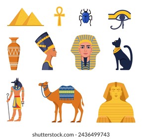 Ancient Egypt collection. Gods, deities and mythological creatures from Egyptian mythology and religion, sacred animals, symbols, architecture and sculpture. Vector illustration