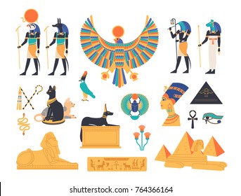 Ancient Egypt collection - gods, deities and mythological creatures from Egyptian mythology and religion, sacred animals, symbols, architecture and sculpture. Colored flat cartoon vector illustration.