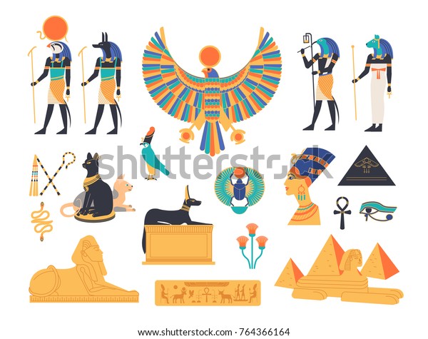 古代エジプトコレクション エジプトの神々 神々 神話や宗教 神獣 記号 建築 彫刻などの神々や神話的な生き物 色と平らな漫画のベクターイラスト のベクター画像素材 ロイヤリティフリー