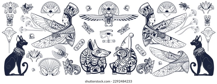 Ancient Egypt collection. Old school tattoo. Egyptian elements. God Ra, Anubis, scarab, black cats, eye Horus