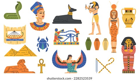 Ancient Egypt collection. Set of traditional ceramic figurines. Paleontology and archeology. Pyramid, Pharaoh, Sphinx, Cleopatra and Nefertiti. Cartoon flat vector illustrations isolated on white