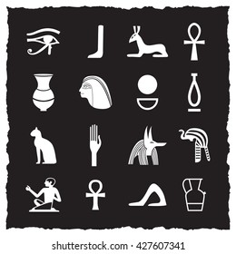 Ancient Egypt. Collection of symbolic vector icons with black background