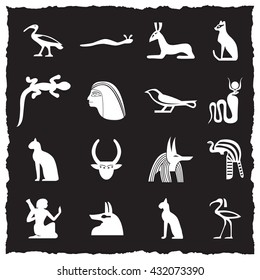 Ancient Egypt. Collection of symbolic vector icons with black background