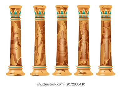 Ancient Egypt column set, vector old stone pillar collection, antique temple object, god silhouette. Cracked vintage pedestal, decorative broken ornate Egyptian exterior. Ancient column Anubis outline