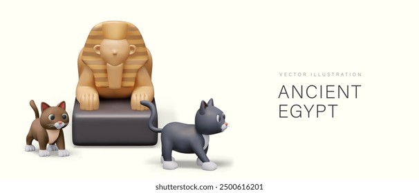 Concepto del antiguo Egipto. Realista Gran esfinge, gatos. Plantilla para sitios, aplicaciones