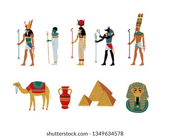 Ancient Egypt Cultural Symbols Set, Gods and Goddess Vector Illustration
