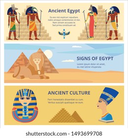 Ancient Egypt culture set of three horizontal banners or flyers with history and religion symbols vector illustrations. Egyptian gods, queen Nefertiti and pyramids.