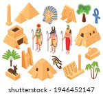 Ancient egypt culture symbols kings valley monuments pyramids temple sphinx gods statues palms isometric set vector illustration 