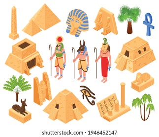 Símbolos de la antigua cultura egipcia kings valley monuments pyramids temple sphinx gods estatuas palms isométric set vector ilustración 