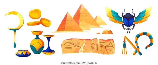 Ancient Egypt culture symbols set isolated on white background. Vector cartoon illustration of antique pyramids, golden coins, old vases, scarab, stone manuscript with hieroglyphs, archeology museum