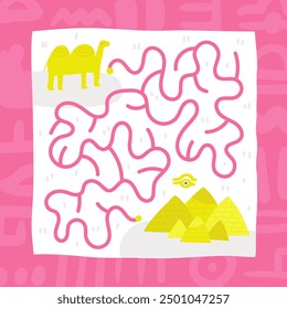 Ancient Egypt desert doodle maze with camel, desert, pyramids, ra eye sign. Old civilization puzzle for kids, children. Funny cartoon style labyrinth with adorable characters