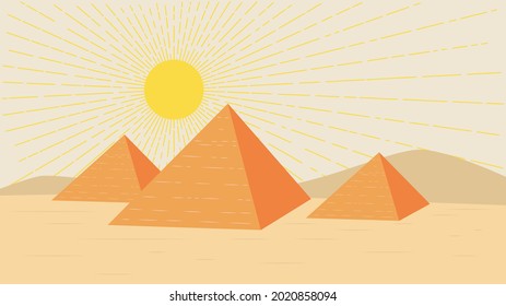 Ancient Egypt desert landscape with three pyramids illustration.