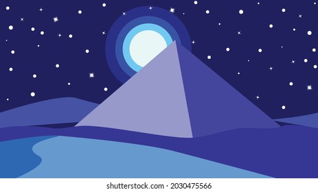 Ancient Egypt Desert, Night Landscape With Big Pyramid Illustration.