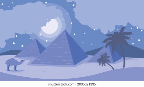 Ancient Egypt Desert, Night Landscape With Three Pyramids Illustration.