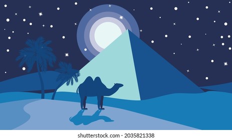 Ancient Egypt Desert, Night Landscape With Big Pyramid Illustration.