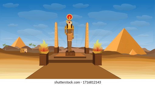 ancient Egypt desert with pyramid Egyptian deity RA and obelisk