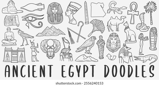 Ancient Egypt Doodle Icons Black and White Line Art. Egyptology Clipart Hand Drawn Symbol Design.