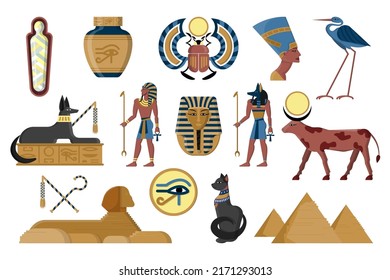 Ancient Egypt. Egyptian architecture and gods. Cleopatra sculpture. Pharaoh and Sphinx statues. Hieroglyphs and sacred animals. Desert pyramid. Mummy in sarcophagus. Vector symbols set