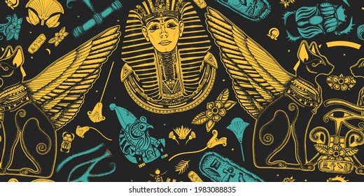 Antiguo Egipto. Arte egipcio Tutankhamen. Patrón sin foco. Rey dorado faraón, dos gatos negros alados, ojo sagrado del dios Horus