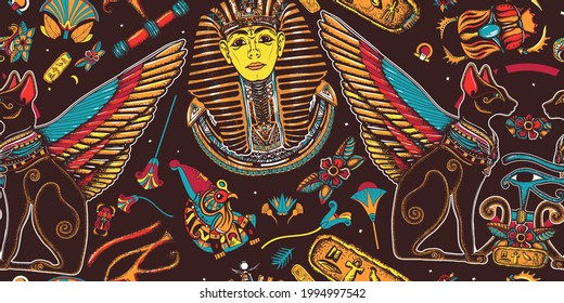 Ancient Egypt. Egyptian art. Tutankhamen. Seamless pattern. Golden king pharaoh, two winged black cats, sacred eye of god Horus 