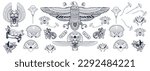Ancient Egypt. Egyptian culture elements. Sacred scarab, Horus falcon, pyramids, magic eye, ethnic ornaments. Old school tattoo collection