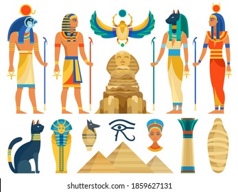 Ancient egypt. Egyptian culture symbols and sign collection. Gods and myth creatures, sacred animals, religion architecture and idols statues. Archeology monuments and pyramid flat vector isolated set