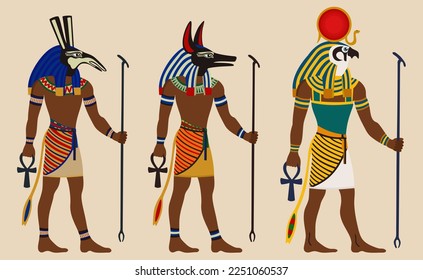 Antiguo Egipto. Dioses egipcios. Set, Anubis, Ra. Personajes históricos de la cultura egipcia. Ilustración vectorial sobre fondo beige claro.