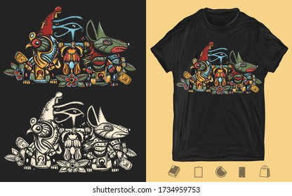 Ancient Egypt. Egyptian gods. Creative print for dark clothes. T-shirt design. Template for posters, textiles, apparels. Horus and Anubis