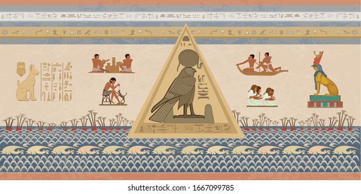 Ancient Egypt. Egyptian gods and pharaohs. Hieroglyphic carvings, frescoes, mythological scenes. Egypt background, vector illustration.