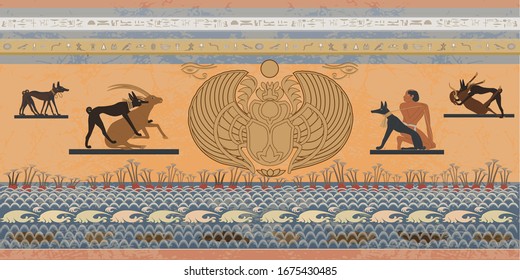 Ancient Egypt. Egyptian gods and pharaohs. Hieroglyphic carvings, frescoes, mythological scenes. Egypt background, vector illustration.