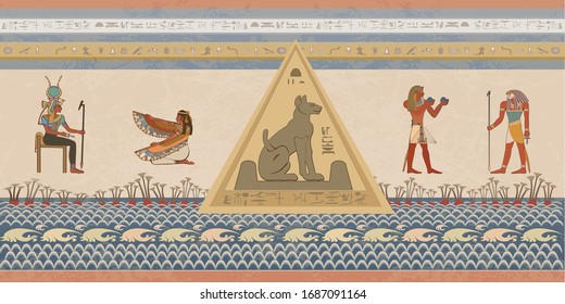 Ancient Egypt. Egyptian gods and pharaohs. Hieroglyphic carvings, frescoes, mythological scenes. Egypt background, vector illustration.