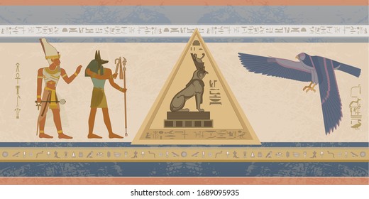 Ancient Egypt. Egyptian gods and pharaohs. Hieroglyphic carvings, frescoes, mythological scenes. Egypt background, vector illustration.