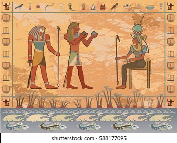 Ancient Egypt. Egyptian gods and pharaohs. Hieroglyphic carvings, frescoes, mythological scenes. Egypt background