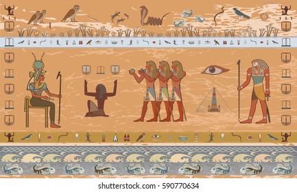 Ancient Egypt. Egyptian gods and pharaohs. Hieroglyphic carvings, frescoes, mythological scenes. Egypt background