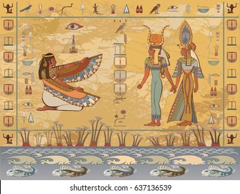 Ancient Egypt. Egyptian gods and pharaohs. Hieroglyphic carvings, frescoes, mythological scenes. Egypt background, vector illustration