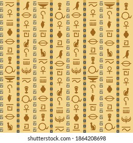 Altes Ägypten. Ägyptische Hieroglyphen nahtloses Muster, antike Elemente und Symbole Papyrus, traditioneller historischer Hintergrund, Pyramidengrafik, Deko-Textilien, Tapete-Tapete-Vektorstruktur