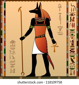 Ancient Egypt. Egyptian murals. Anubis - the jackal-headed deity.