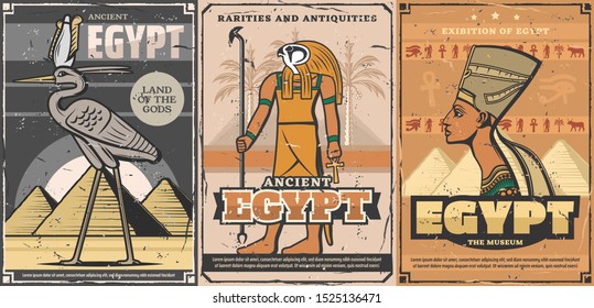 Ancient Egypt, Egyptian travel landmark and tourism vector design. Horus god, Nefertiti queen and bennu or phoenix bird, Giza pyramids, Ankh symbol and eye of Horus hieroglyphs, sacred bull and palm