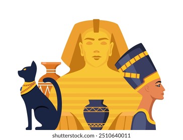 Composición de Elementos del Antiguo Egipto. Dioses, deidades y criaturas mitológicas de la mitología y la religión egipcias, animales sagrados, símbolos, arquitectura y escultura. Ilustración vectorial