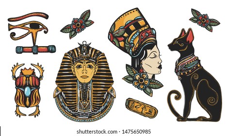 Antiguos elementos egipcios. Faraón, gatos negros, bufab sagrado, reina egipcia Cleopatra, ojo Horus. Colección vectorial de tatuajes de la vieja escuela. Estilo tradicional de tatuaje