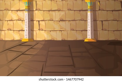 Ancient Egypt empty pharaoh tomb or temple room cartoon vector illustration. Egyptian pyramid interior with hieroglyphs on stone walls and white columns with oranment, background for game design