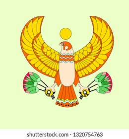 ancient egypt falcon holding lotus 
