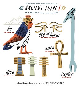 Ancient Egypt Famous sign symbol Set Hand drawn color Illustration