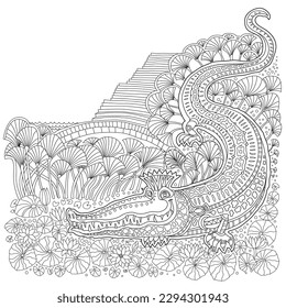 Ancient Egypt fantasy landscape. Nile crocodile, palm tree, papyrus plant, blooming lotus. Coloring book page for children and adults