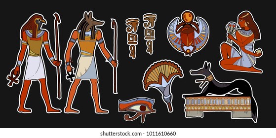 Ancient egypt fashion patch . Pharaoh, gods of Egypt, Anubis, Ra. Stickers, patches in cartoon 80s-90s comic style. Egyptian gods and pharaohs patch, ancient civilization, stickers art 