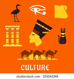 Ancient Egypt flat icons with profile of queen Nefertiti, cat goddess, sacred heron Bennu, eye of horus symbol, temple columns, map, caravan of camels and Giza pyramids. For travel and culture design