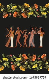 Ancient Egypt in flowers. Egyptian gods and pharaoh, hieroglyphic carvings, frescoes, mythological scenes. Bagging, printing on fabrics, t-shirt seamless scenery