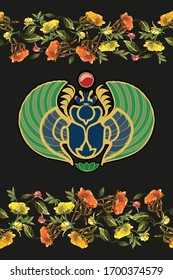 Ancient Egypt with flowers. Egyptian gods and pharaoh, hieroglyphic carvings, frescoes, mythological scenes. Bagging, printing on fabrics, t-shirt seamless pattern 