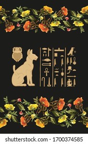 Ancient Egypt with flowers. Egyptian gods and pharaoh, hieroglyphic carvings, frescoes, mythological scenes. Bagging, printing on fabrics, t-shirt seamless pattern 