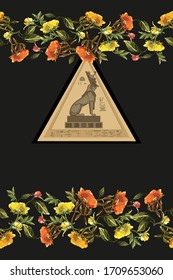Ancient Egypt with flowers. Egyptian gods and pharaoh, hieroglyphic carvings, frescoes, mythological scenes. Bagging, printing on fabrics, t-shirt seamless pattern 